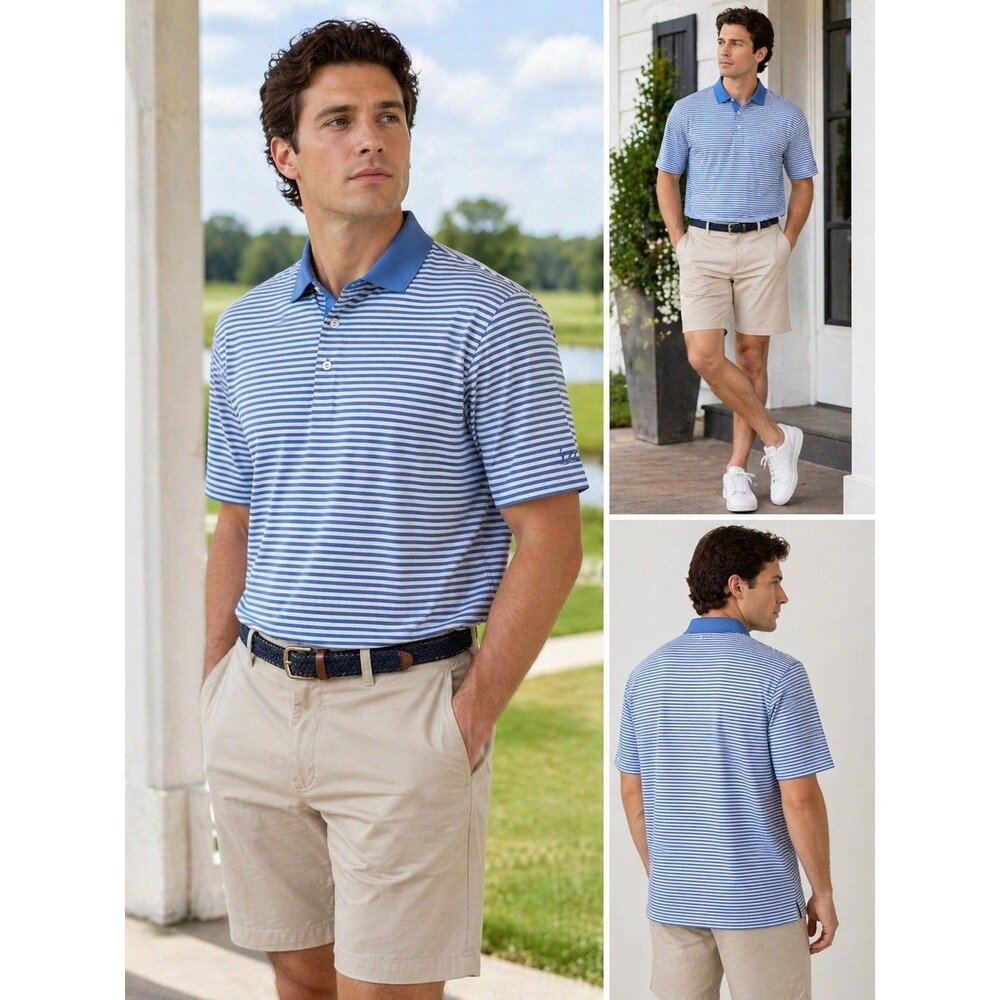 Cutter & Buck Dry Tec Polo Shirt Men XL Blue Stripe Golf Sport Preppy Business